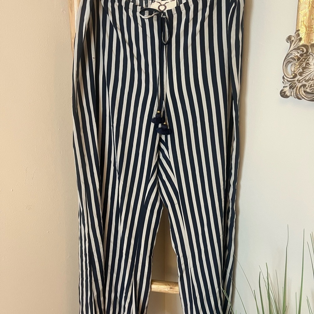 Figue 100% Silk Wide Leg Striped Pants, Navy Blue & White, Womens Size Large